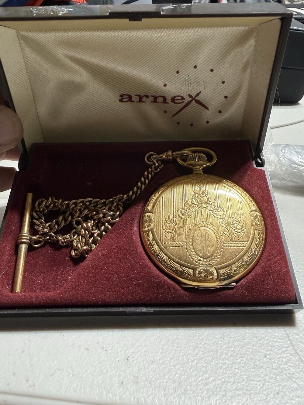 ARNEX 17 JEWELS Pocket Watch 12k GF Chain Swiss Engraved Vintage Manual WORKS